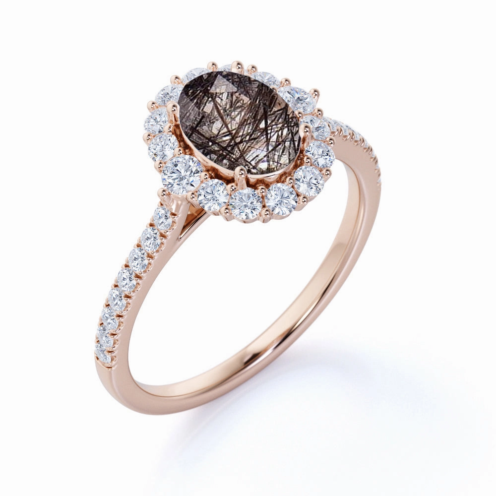 1.50 ct Oval Black Rutilated Quartz Cluster Pave Engagement Ring Fine Jewelry