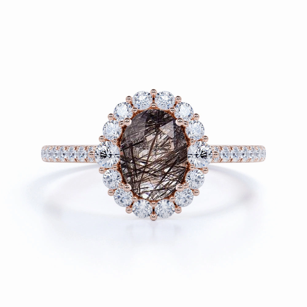 1.50 ct Oval Black Rutilated Quartz Cluster Pave Engagement Ring Excellent Object Classic Art