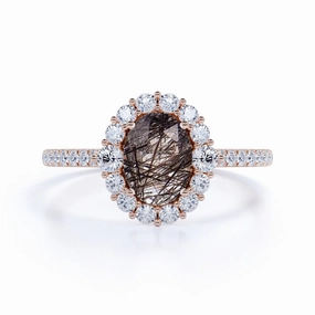 1.50 ct Oval Black Rutilated Quartz Cluster Pave Engagement Ring Excellent Object Classic Art