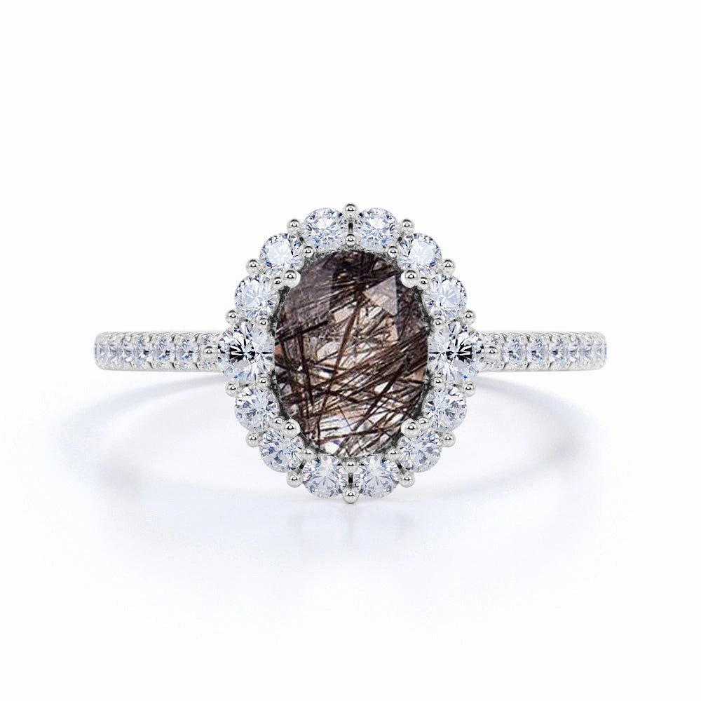 Top Rated Genuine Sentiment 1.50 ct Oval Black Rutilated Quartz Cluster Pave Engagement Ring