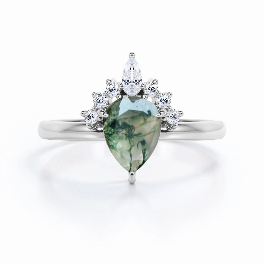 0.6 Carat Pear Moss Agate Crown Engagement Ring Luxury Flow Groom Accessory
