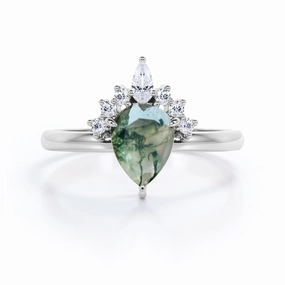 0.6 Carat Pear Moss Agate Crown Engagement Ring Luxury Flow Groom Accessory