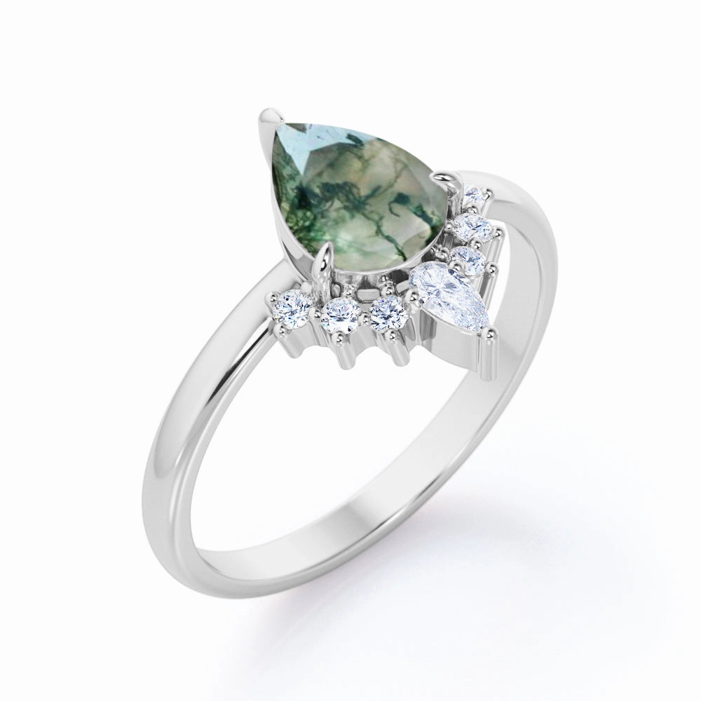 Bright Accent 0.6 Carat Pear Moss Agate Crown Engagement Ring