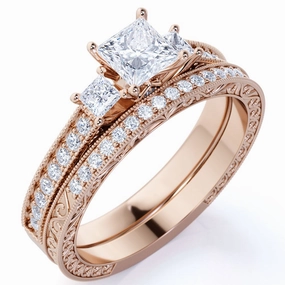Petite Touch Princess Cut Diamond - Pave - Three Stone Ring - Victorian Style - Vintage Wedding Ring Set in 10K Rose Gold