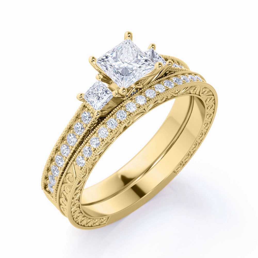 Modern Symbol Personal Product Princess Cut Diamond - Pave - Three Stone Ring - Victorian Style - Vintage Wedding Ring Set in 10K Rose Gold