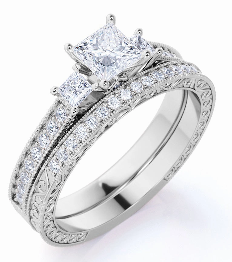 Quality Decoration Strong Accessory Princess Cut Diamond - Pave - Three Stone Ring - Victorian Style - Vintage Wedding Ring Set in 10K Rose Gold