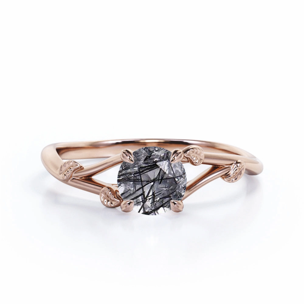 Timeless Design Leaf 1 ct Round Black Rutilated Quartz Split Shank Engagement Ring