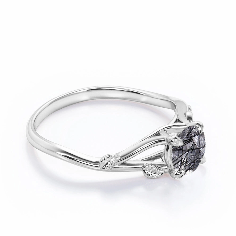 Ornate Item Leaf 1 ct Round Black Rutilated Quartz Split Shank Engagement Ring