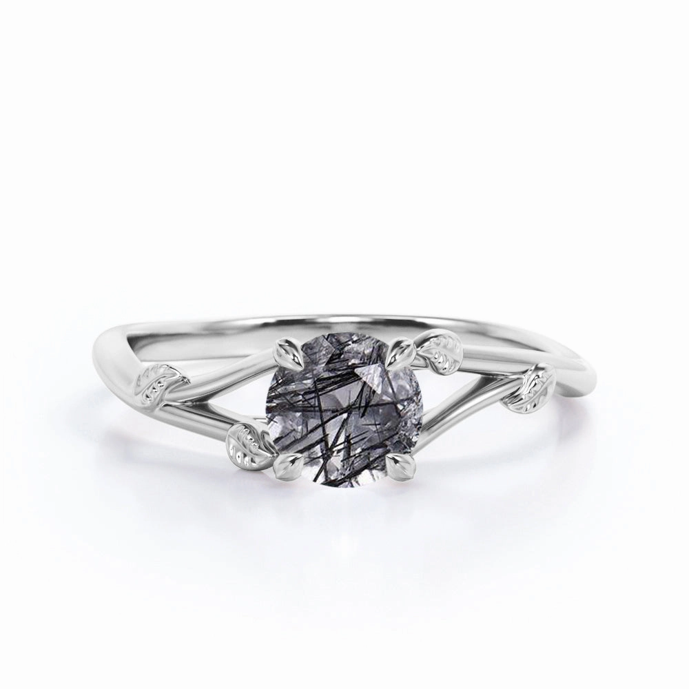 Best Seller Low-Cost Decoration Leaf 1 ct Round Black Rutilated Quartz Split Shank Engagement Ring