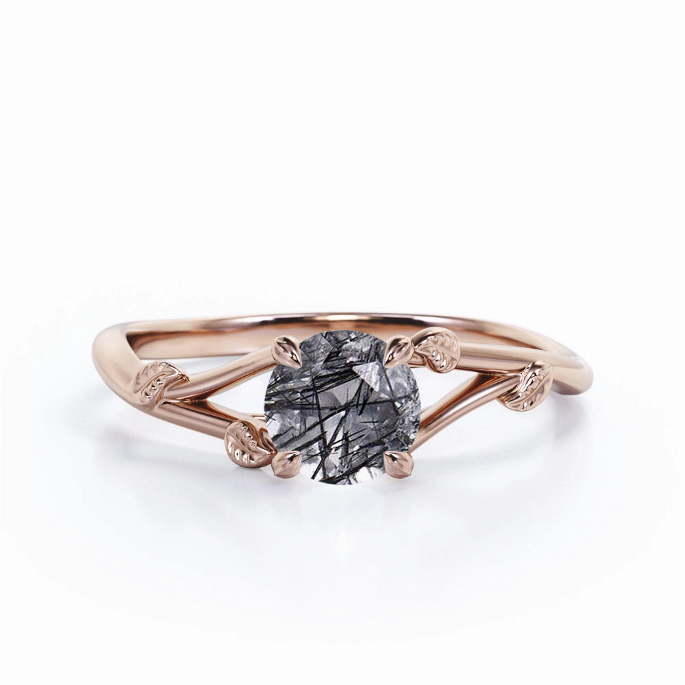 Urban Present All ages Leaf 1 ct Round Black Rutilated Quartz Split Shank Engagement Ring