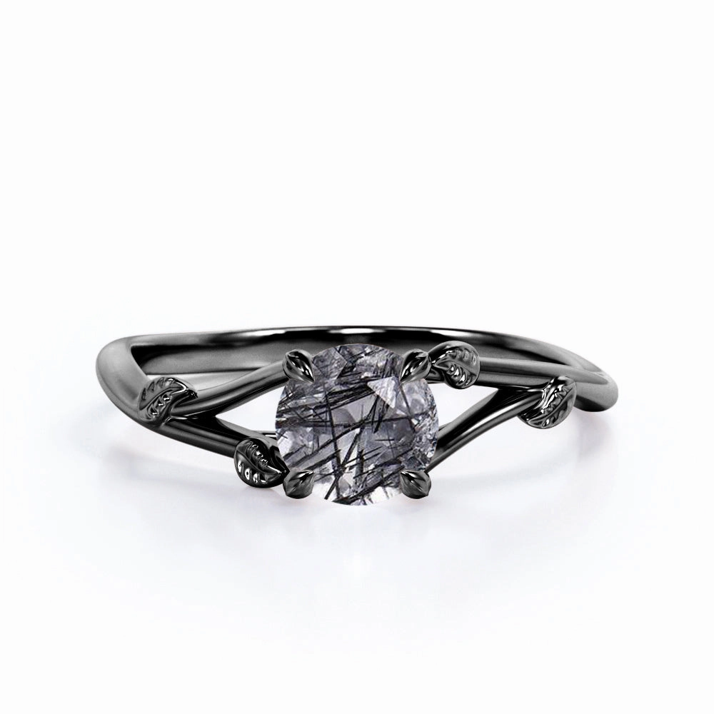 Designer Object Leaf 1 ct Round Black Rutilated Quartz Split Shank Engagement Ring