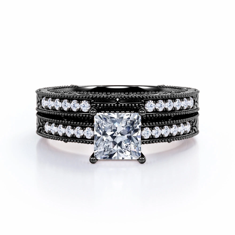 High-End Adornment Luxury Keepsake Vintage Beaded 0.65 Carat TDW Princess Cut Diamond Victorian Style Pave Bridal Set In White Gold