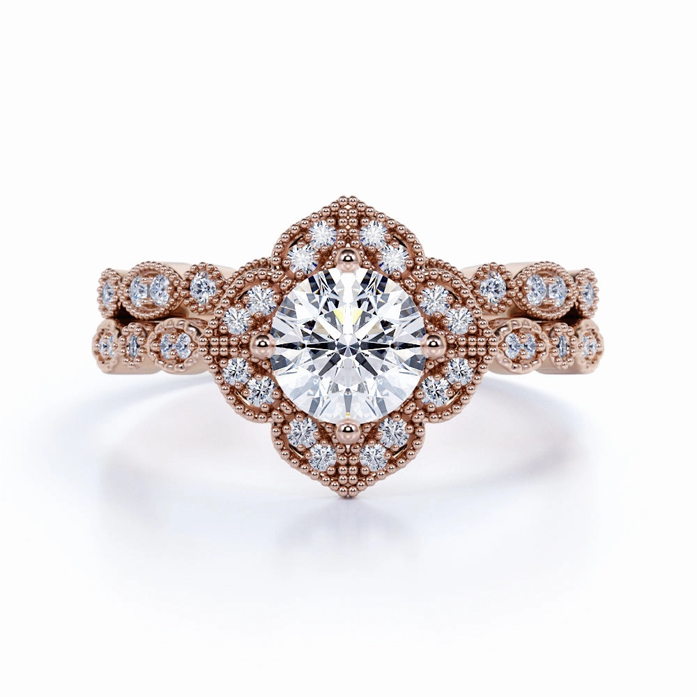 Bright Accent Vintage Beaded 1.5 Carat Round Cut Moissanite Bridal Set