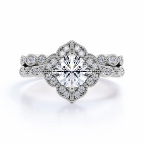 Classic Finish Trendy Item Vintage Beaded 1.5 Carat Round Cut Moissanite Bridal Set