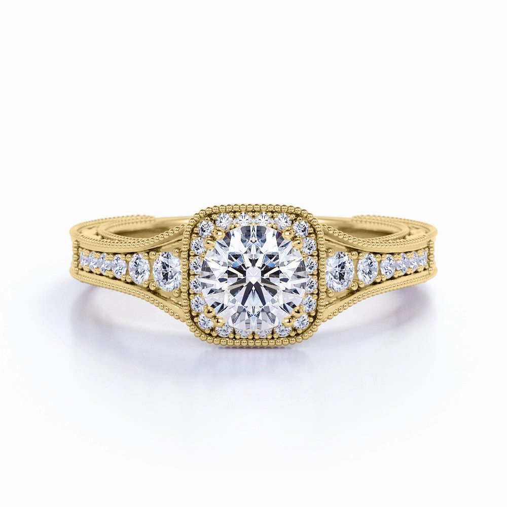 Traditional Adornment Vintage Beaded 1 Carat Round Moissanite Halo Engagement Ring