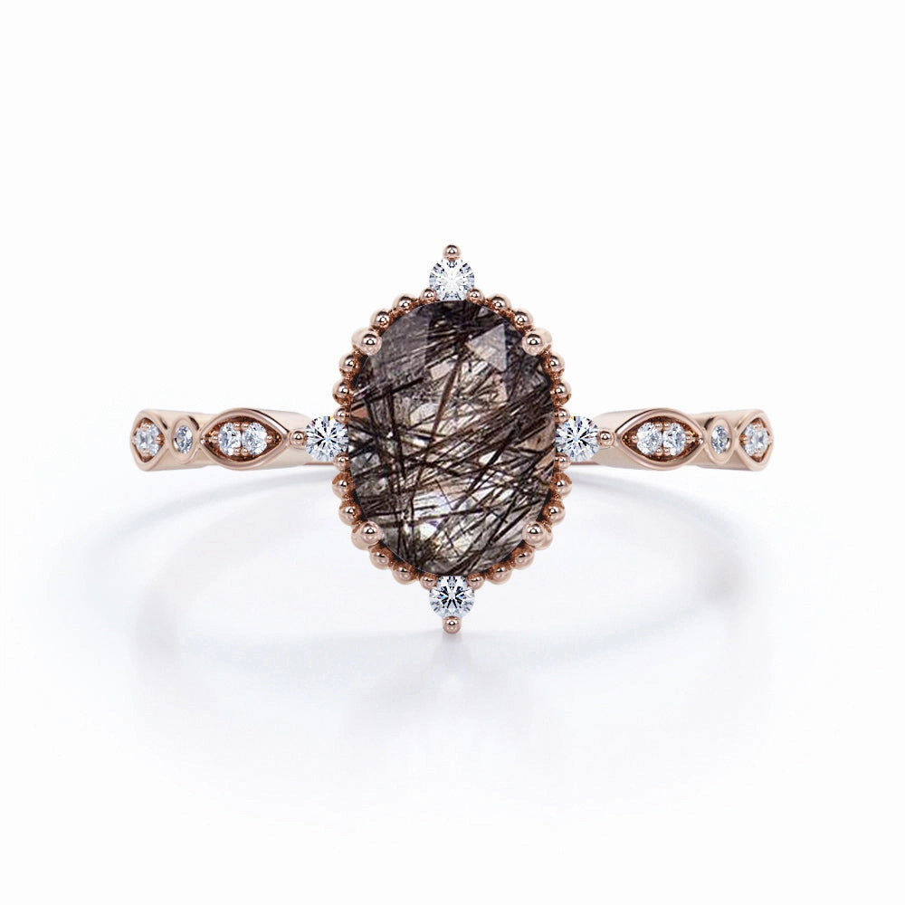 Vintage Bezel 1.25 ct Oval Black Rutilated Quartz Engagement Ring Contemporary Creation
