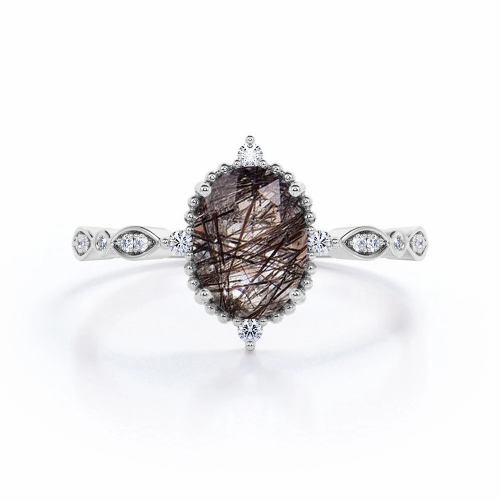 Hypoallergenic Symbol Vintage Bezel 1.25 ct Oval Black Rutilated Quartz Engagement Ring