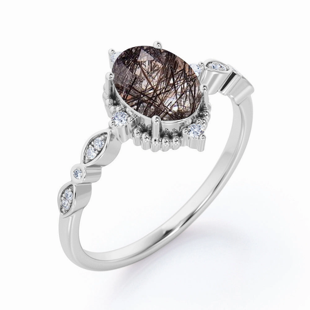 Vintage Bezel 1.25 ct Oval Black Rutilated Quartz Engagement Ring Ornate Work