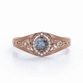 Glam Appeal Vintage Cluster 1 Carat Round Cut Fancy Black Grey Salt and Pepper Diamond Milgrain Engagement Ring in Rose Gold