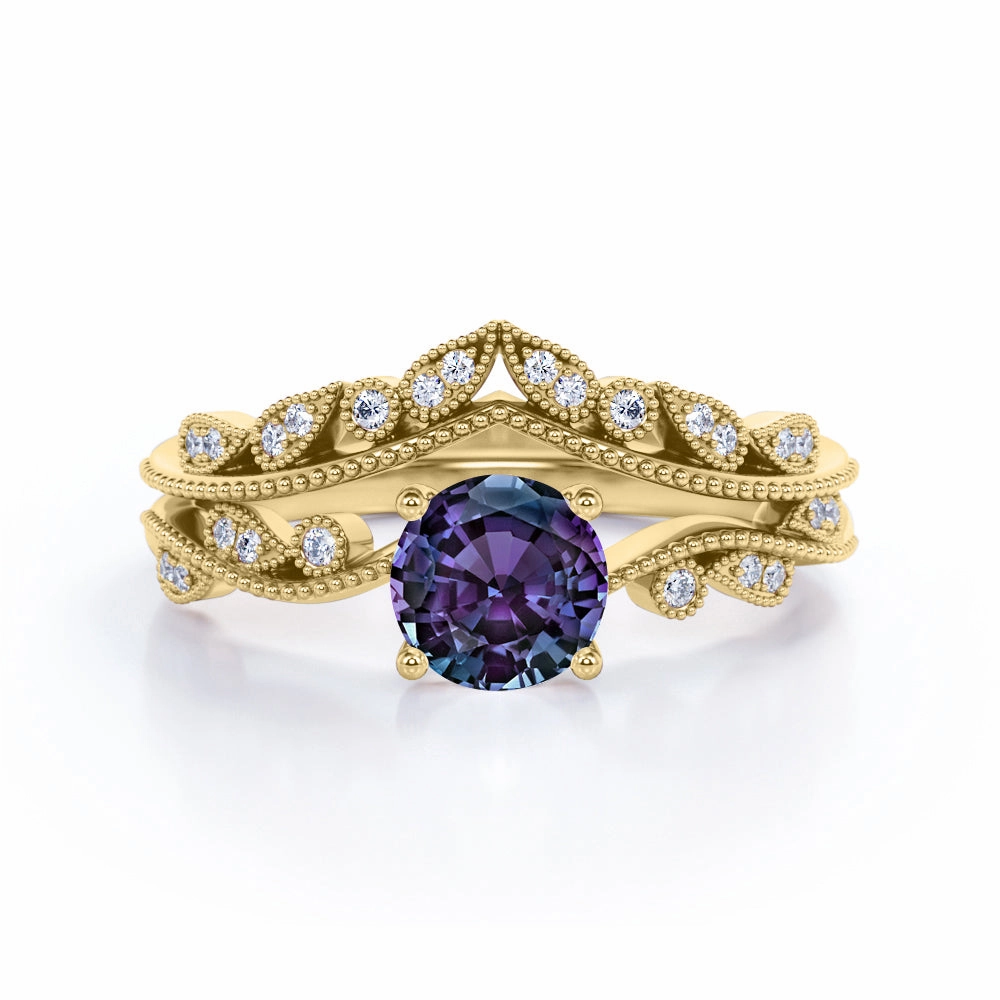 Exquisite Gift High-End Piece Vintage 1.50 Ct Round Lab Alexandrite Bridal Set