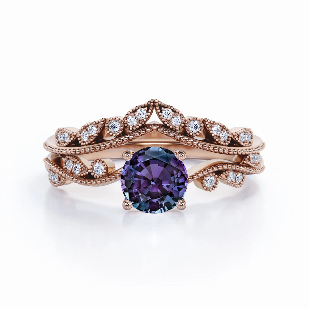 Animal Print Vintage 1.50 Ct Round Lab Alexandrite Bridal Set