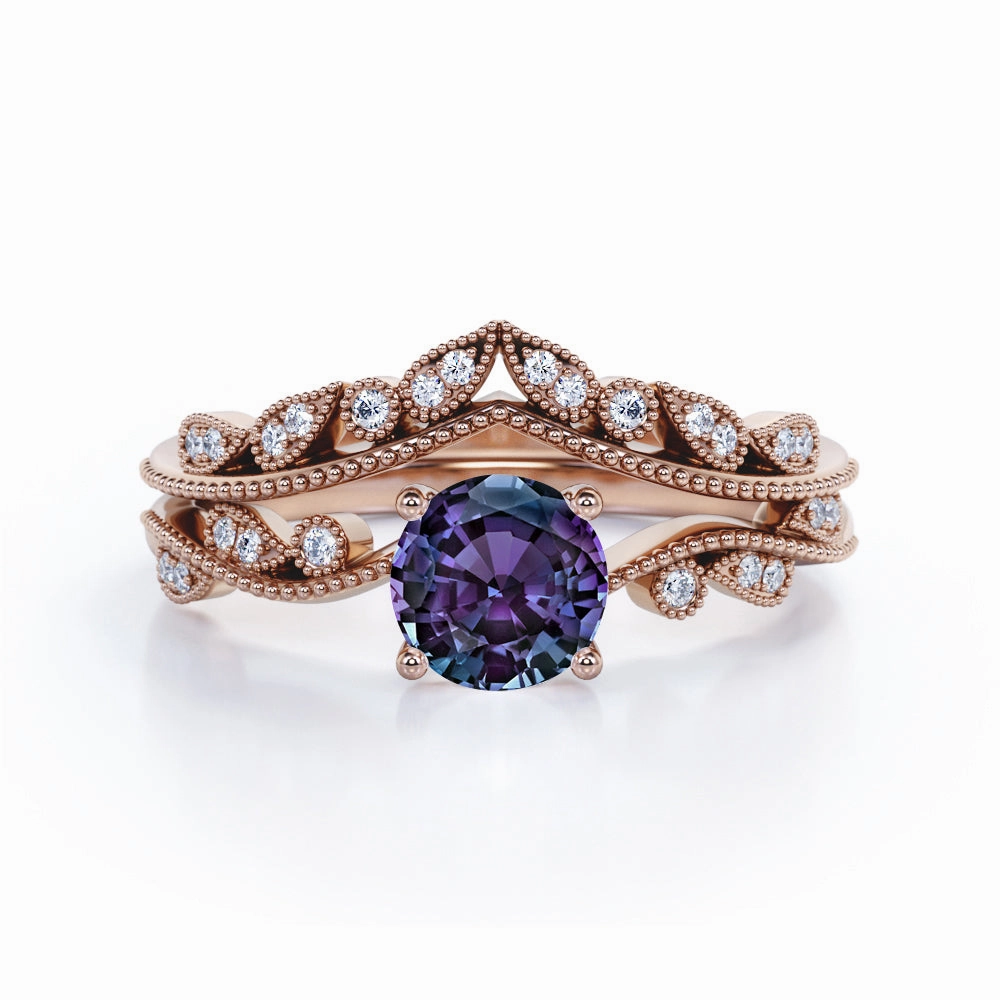 Quality Product Lovely Style Vintage 1.50 Ct Round Lab Alexandrite Bridal Set