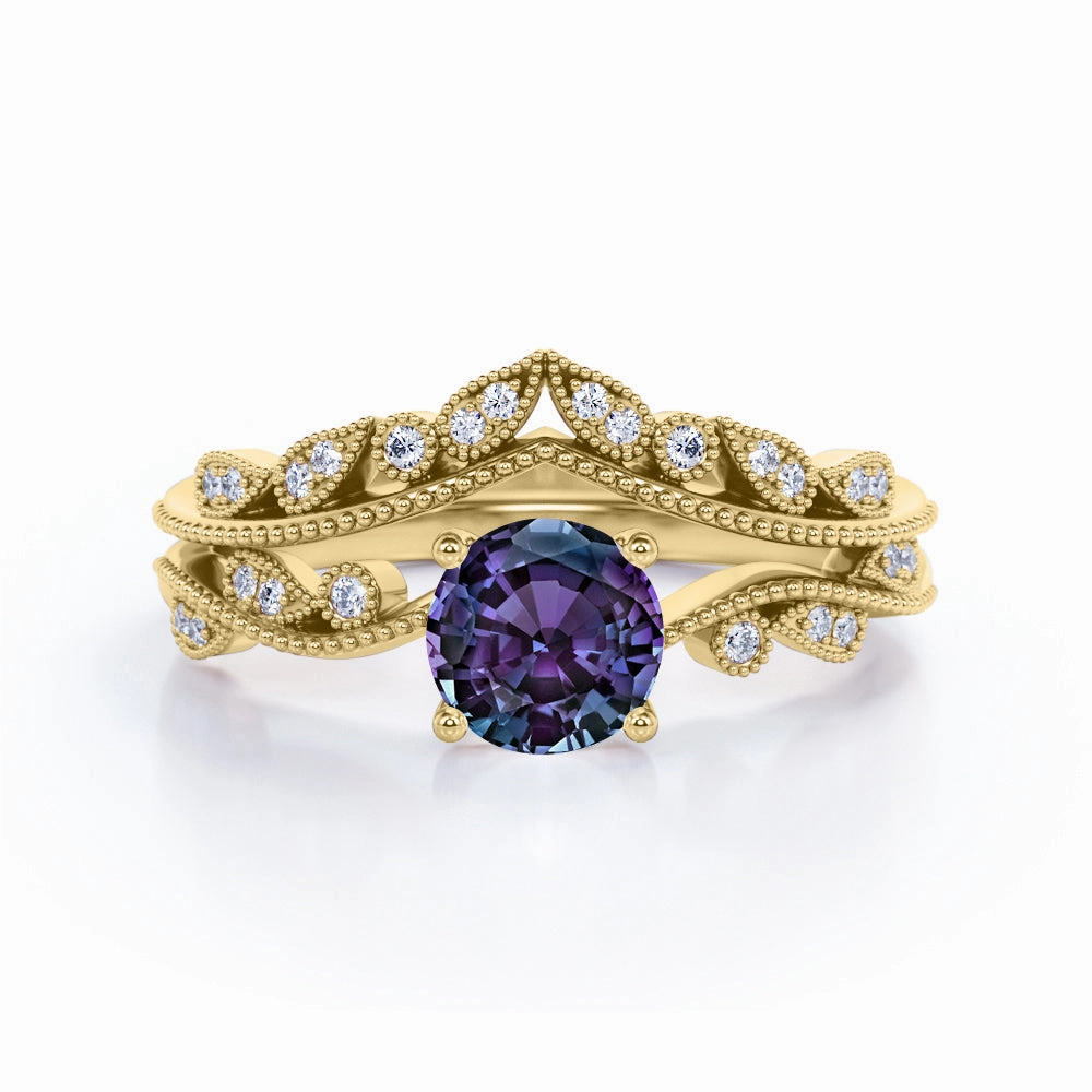 solid color Luxury Creation Vintage 1.50 Ct Round Lab Alexandrite Bridal Set