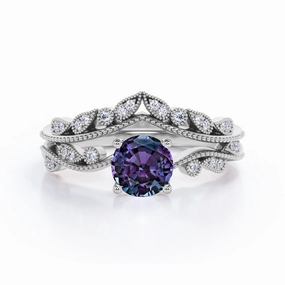 Earth Friendly Budget Embellishment Vintage 1.50 Ct Round Lab Alexandrite Bridal Set