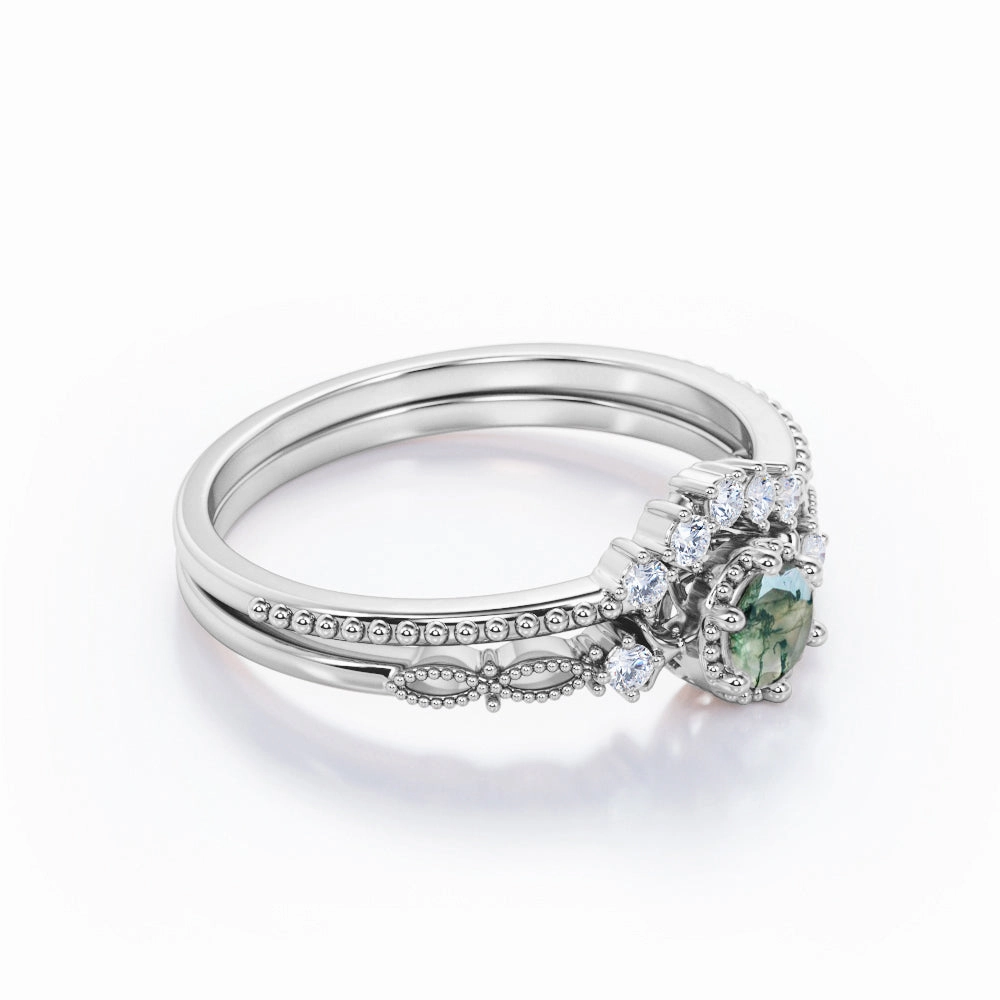 Vintage Crown 0.6 Carat Round Moss Agate Bridal Set Event Ready