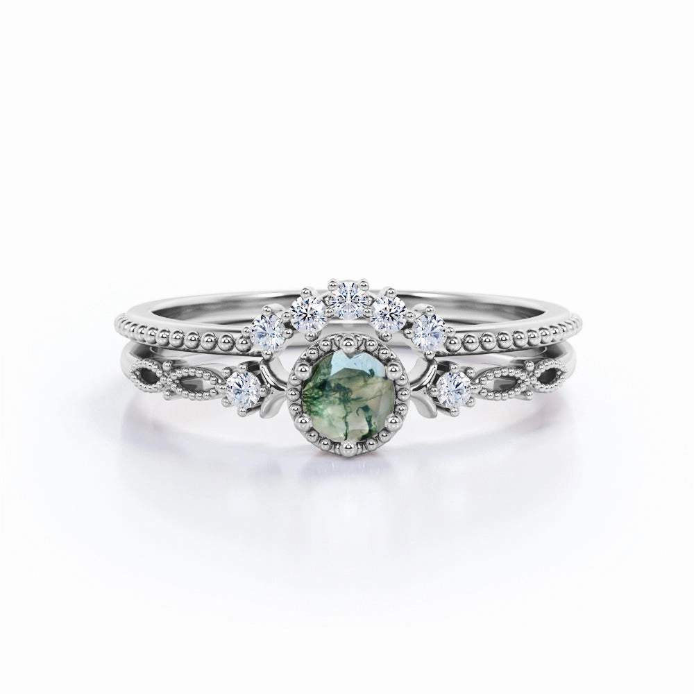 Vintage Crown 0.6 Carat Round Moss Agate Bridal Set Spring Collection