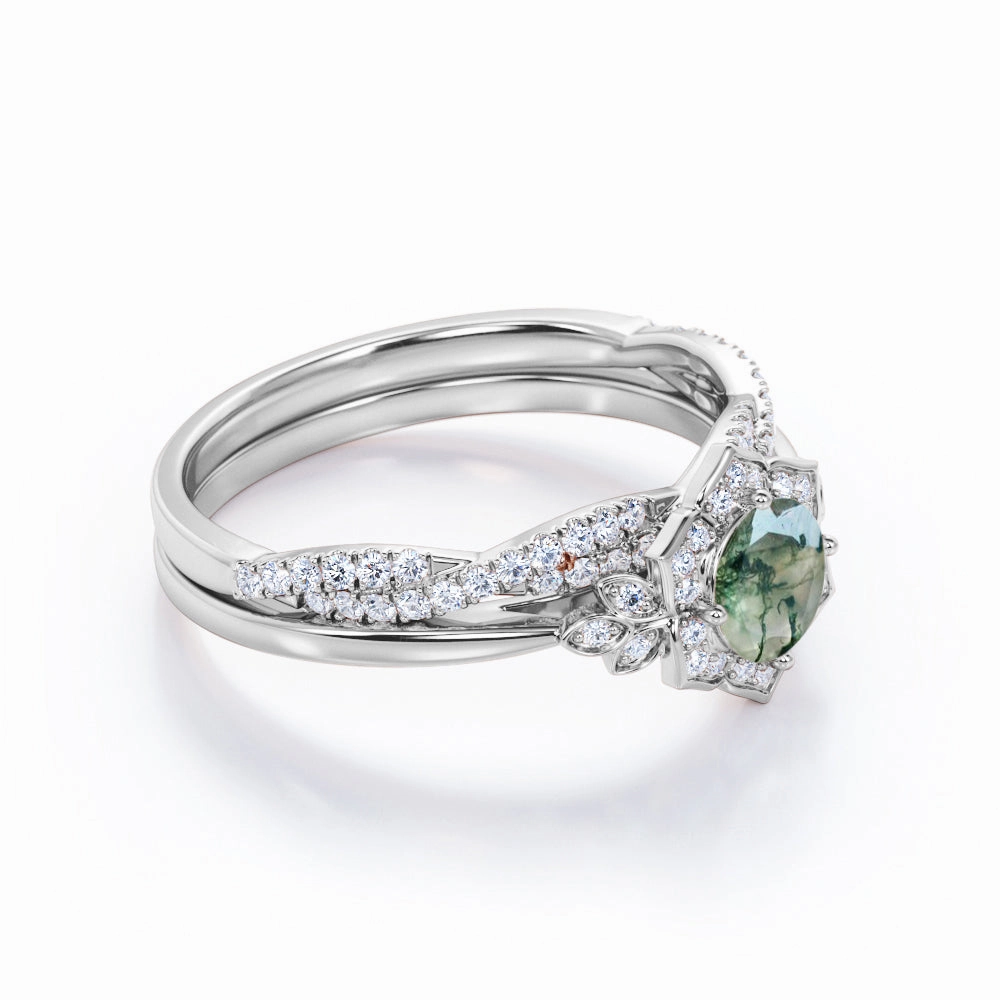 Unique Sign Vintage floral 1.25 Carat Round Moss Agate Bridal Set