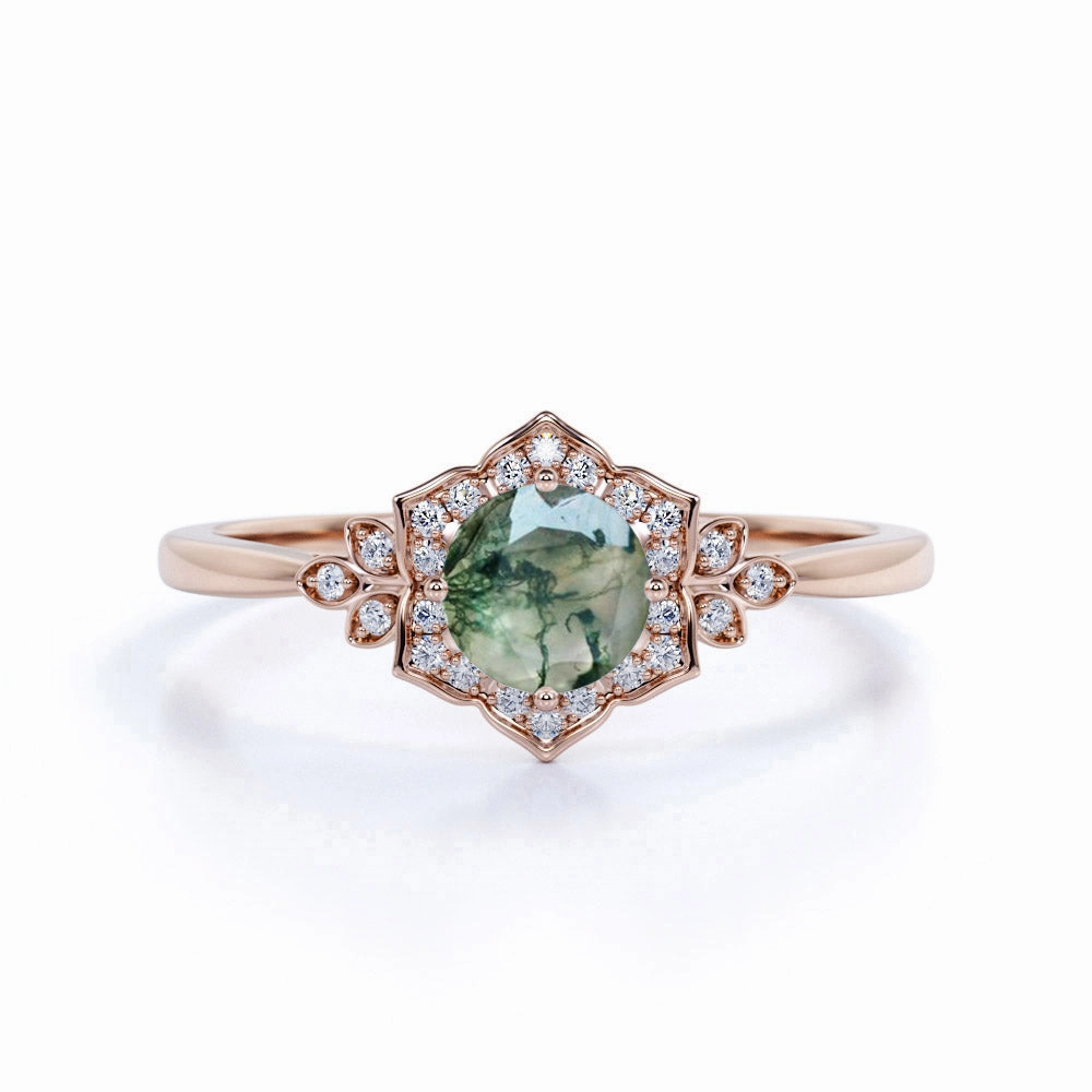 Vintage Floral 1.25 Carat Round Moss Agate Engagement Ring Cultural Gift Attractive Look