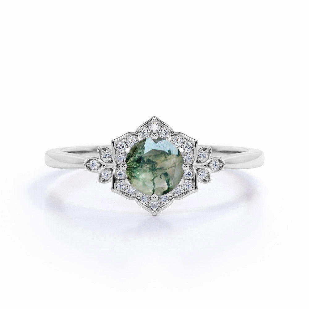 Vintage Floral 1.25 Carat Round Moss Agate Engagement Ring Understated Style
