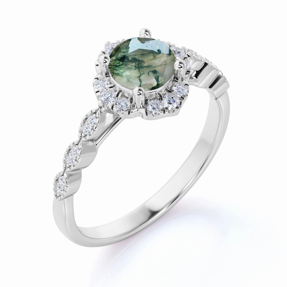 Vintage Floral 1.5 Ct Round Green Moss Agate Engagement Ring Low-Cost Piece Low-Cost Accessory