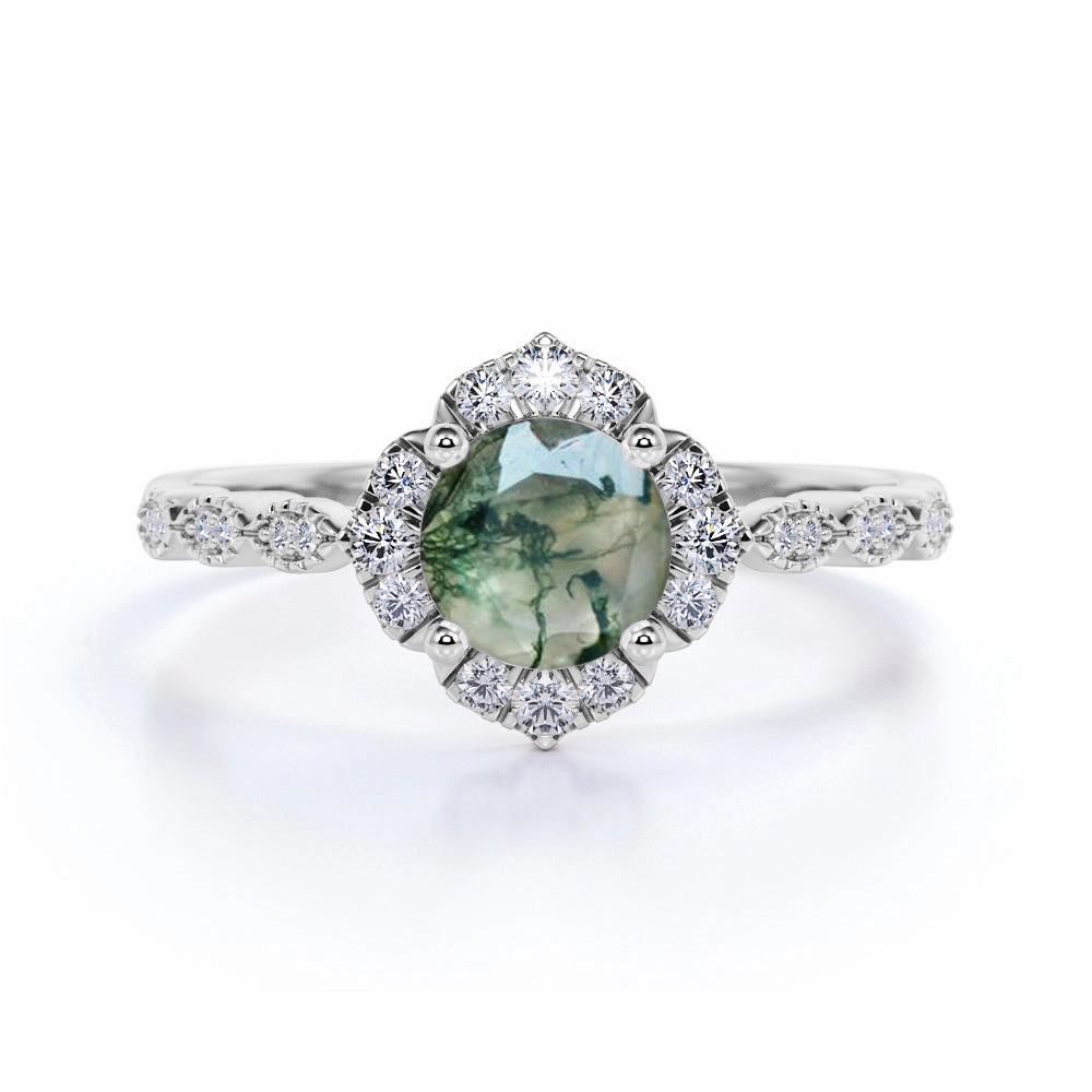 Wonderful Statement Artistic Bauble Vintage Floral 1.5 Ct Round Green Moss Agate Engagement Ring
