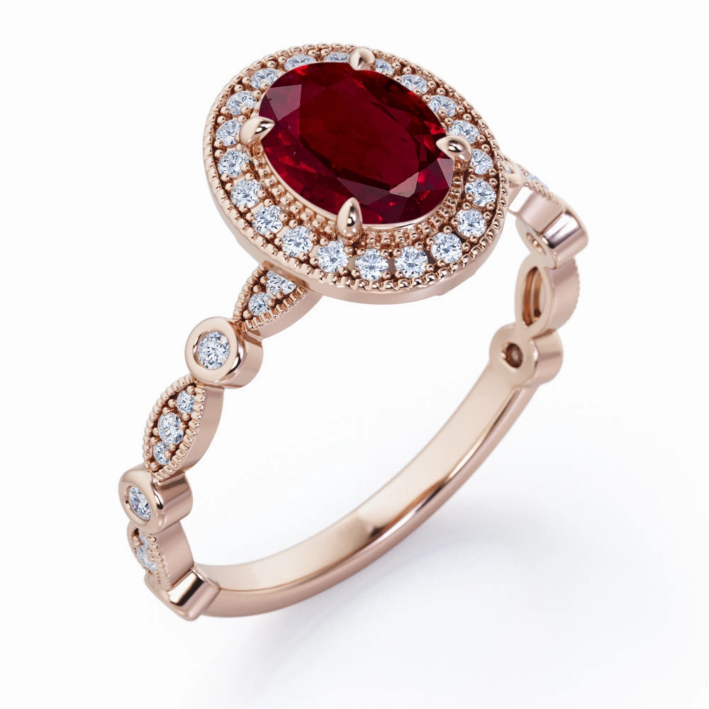Prototype Model Traditional Memento Vintage Halo 1.35 ct Oval Lab-Created Ruby Engagement Ring