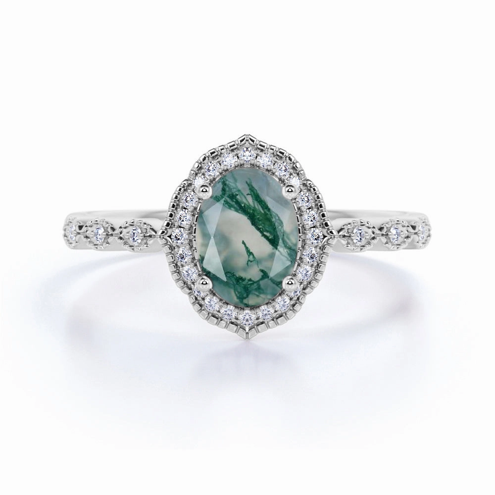 Vintage Halo 1.50 Carat Oval Cut Moss Agate Ring Elegant adornment Exclusive piece