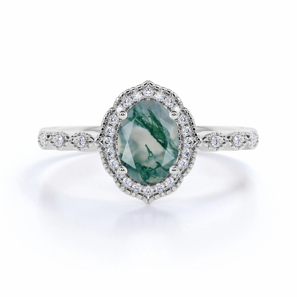 Vintage Halo 1.50 Carat Oval Cut Moss Agate Ring Sentimental Embellishment