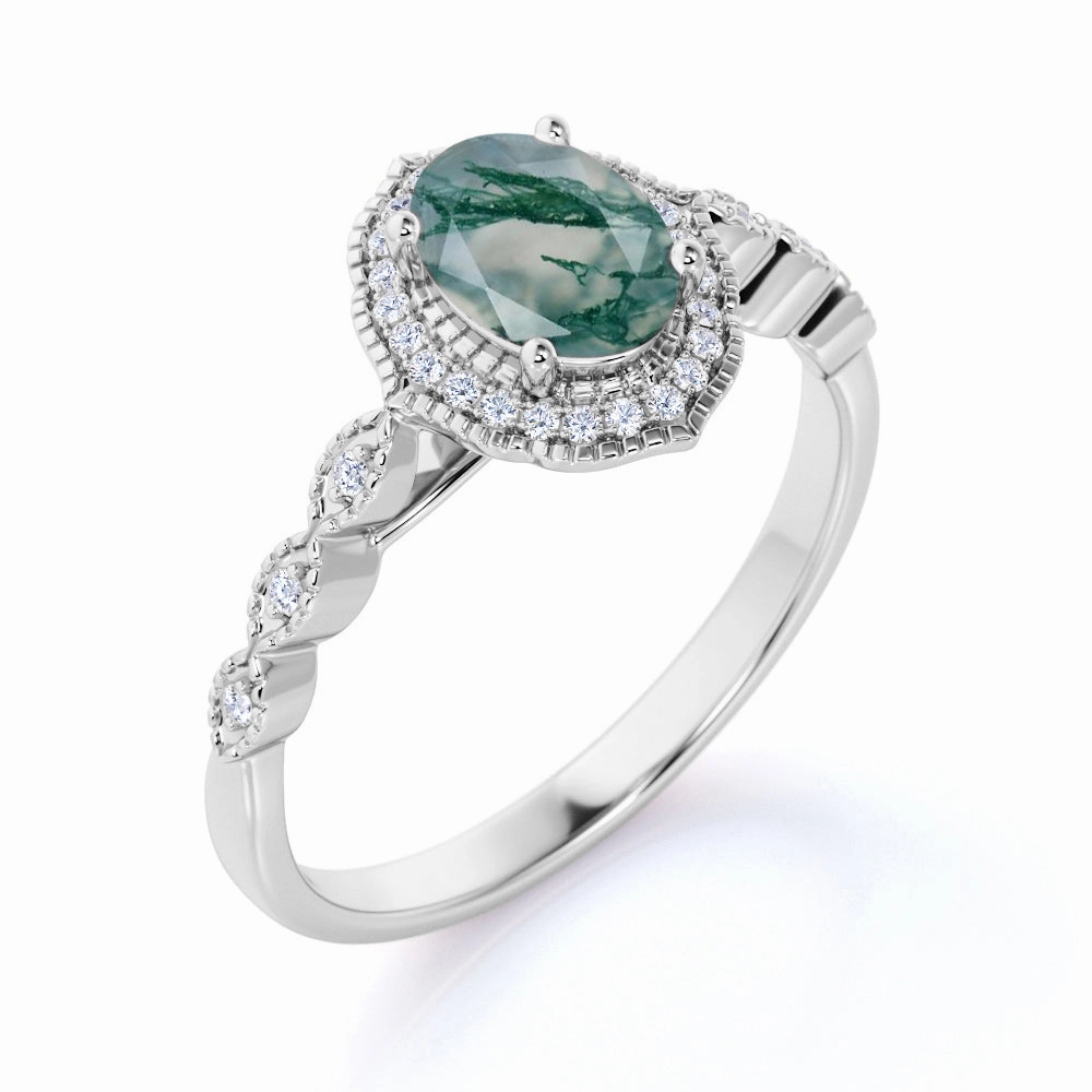 Vintage Halo 1.50 Carat Oval Cut Moss Agate Ring Formal Accessory Shine Effect