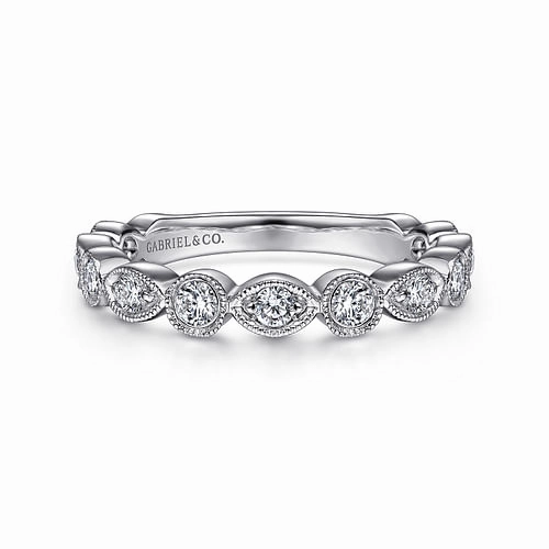 Ethereal Accent Vintage Inspired 14K White Gold Marquise and Round Station Diamond Anniversary Band