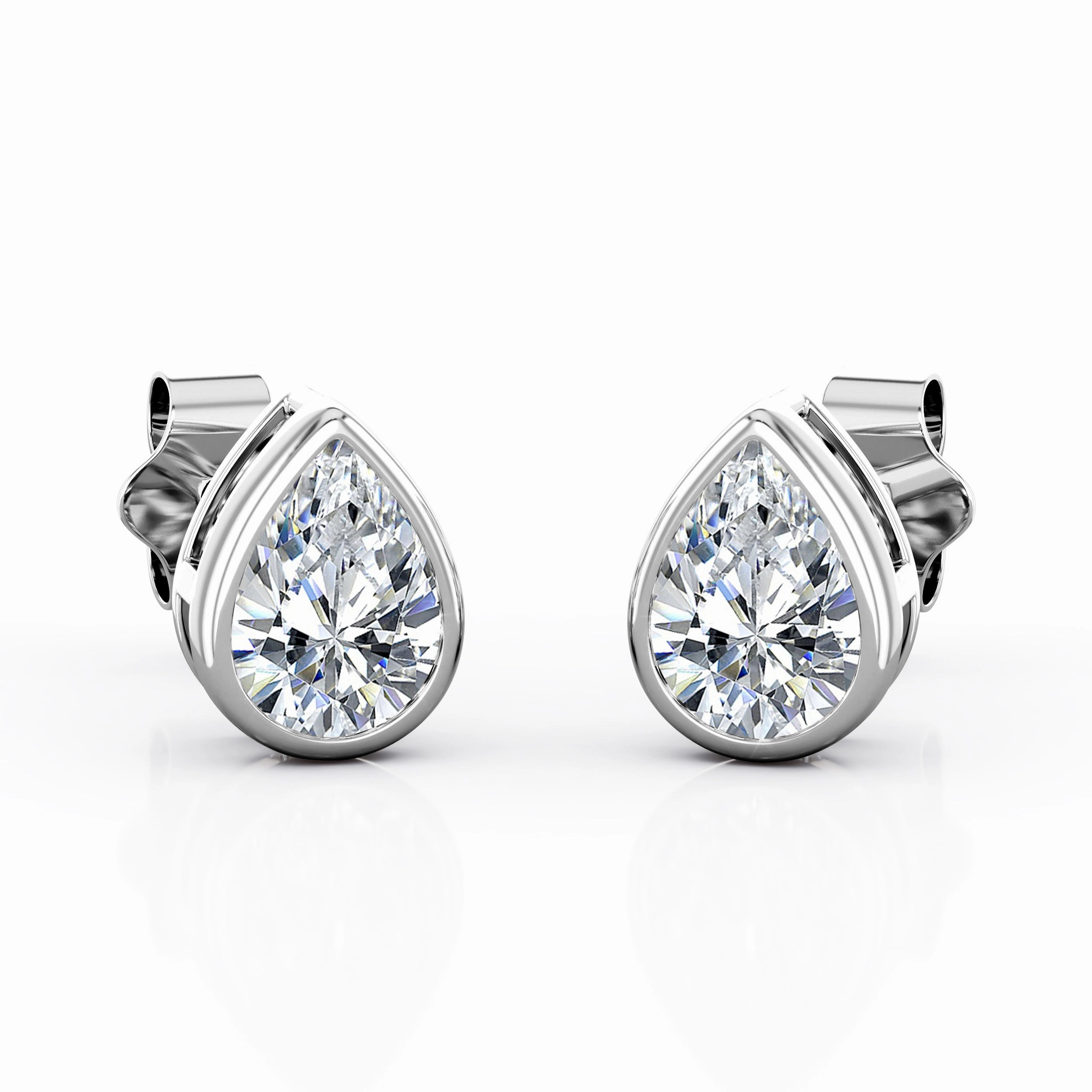 Basket Bezel Set 1 Carat Pear Shape Certified Moissanite Solitaire Ear Studs in White Gold Sophisticated Adornment
