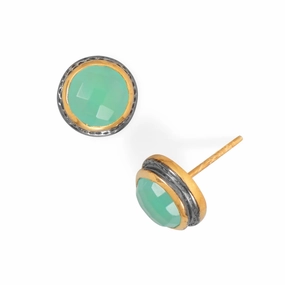 Rustic Embellishment Stylish Vibe Green Chalcedony Stud Earrings Gold-plated Sterling Silver with Gunmetal Edge