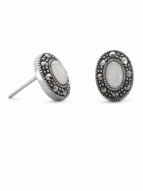 Shiny Accessory Vintage Look Oval White Shell and Marcasite Stud Earrings Antiqued Sterling Silver