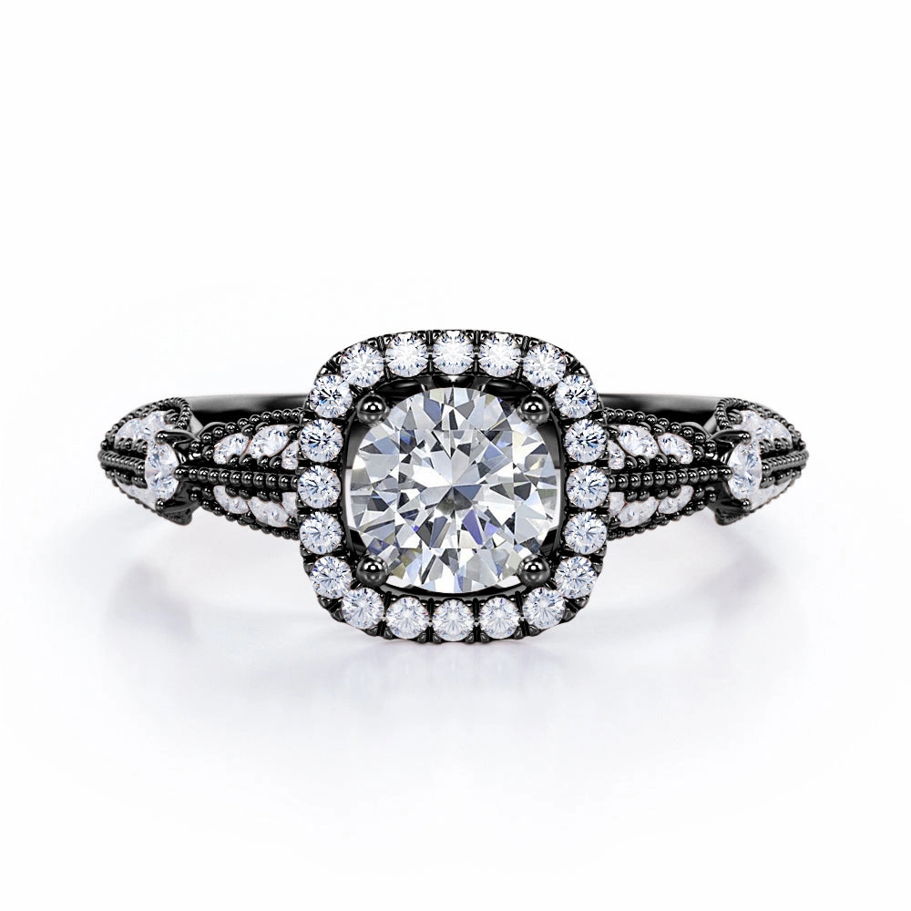 Vintage Milgrain 0.55 Carat Round Cut Diamond Halo Engagement Ring In White Gold Classy Jewelry