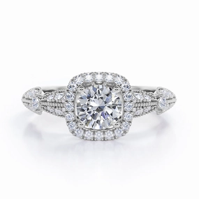 Layer Accent Vintage Milgrain 0.55 Carat Round Cut Diamond Halo Engagement Ring In White Gold