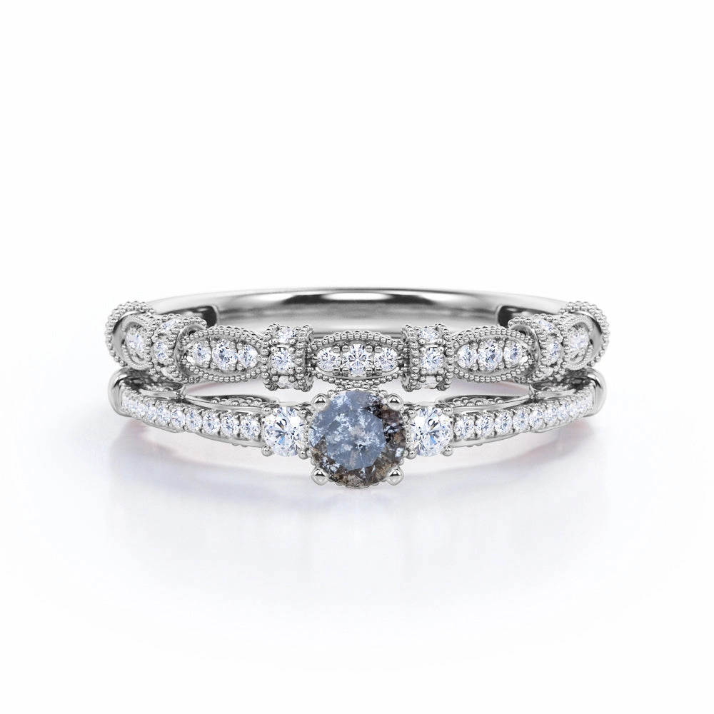 Vintage Milgrain 0.65 Carat Round Cut Genuine Salt and Pepper Diamond Three Stone Wedding Ring Set In White Gold Accent Piece Value Jewelry