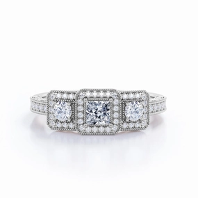 Mood Match Vintage Milgrain 0.75 Carat Princess Cut Diamond Trilogy Halo Engagement Ring In White Gold
