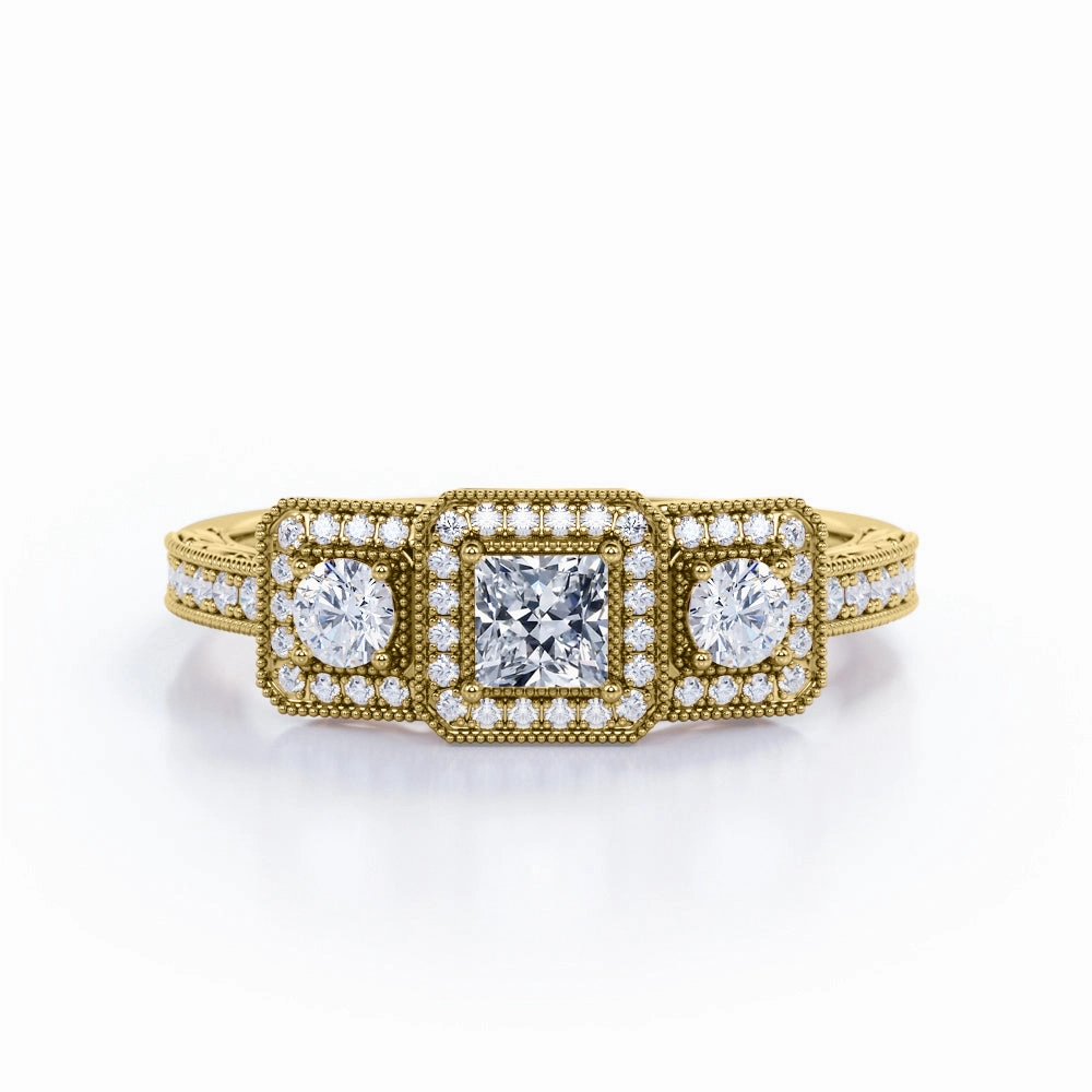 Vintage Milgrain 0.75 Carat Princess Cut Diamond Trilogy Halo Engagement Ring In White Gold Glam Accent Personal Present