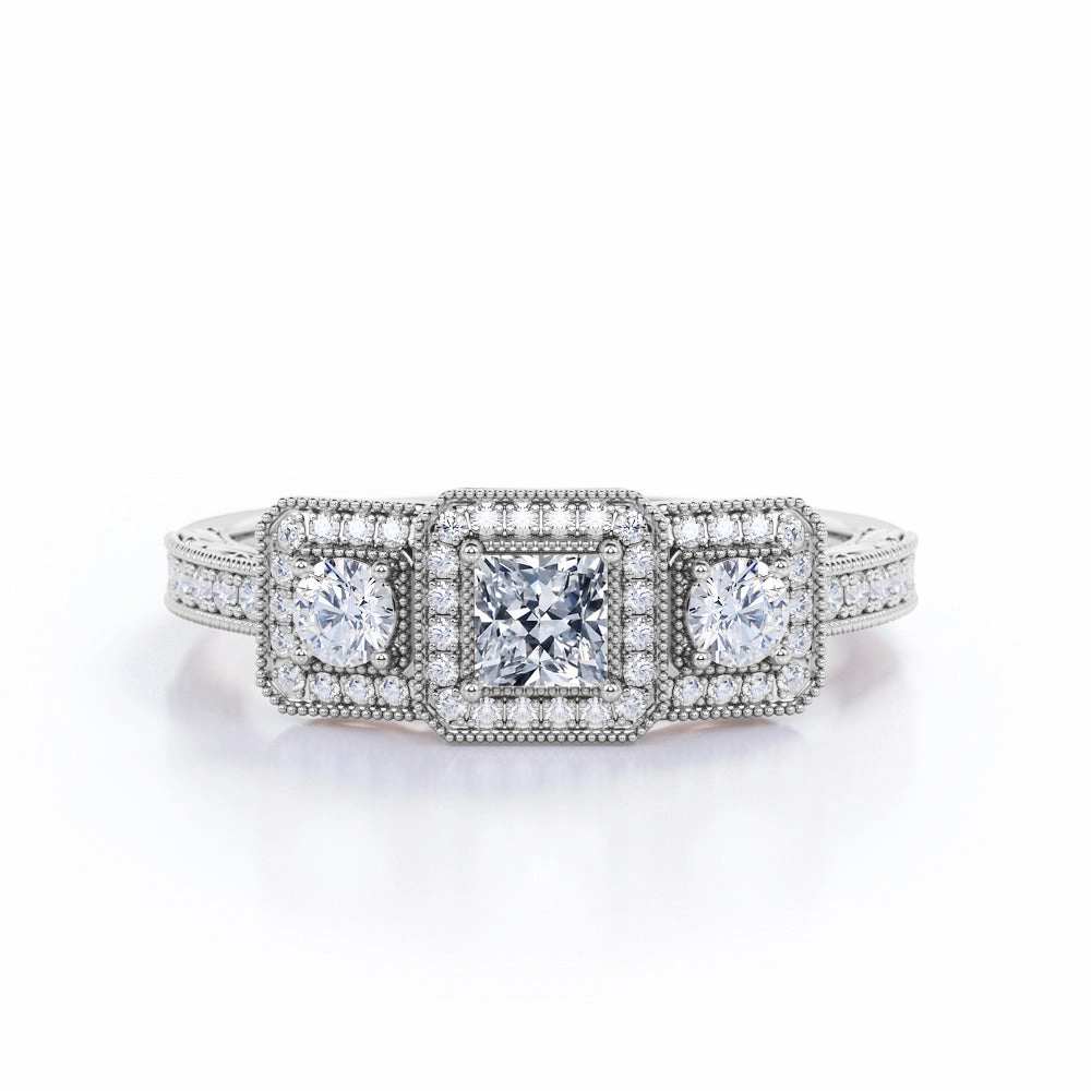 Amazing Style Vintage Milgrain 0.75 Carat Princess Cut Diamond Trilogy Halo Engagement Ring In White Gold