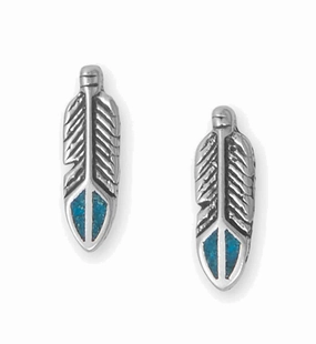 Industrial Trinket Feather Stud Earrings with Turquoise Inlay Sterling Silver - Made in the USA